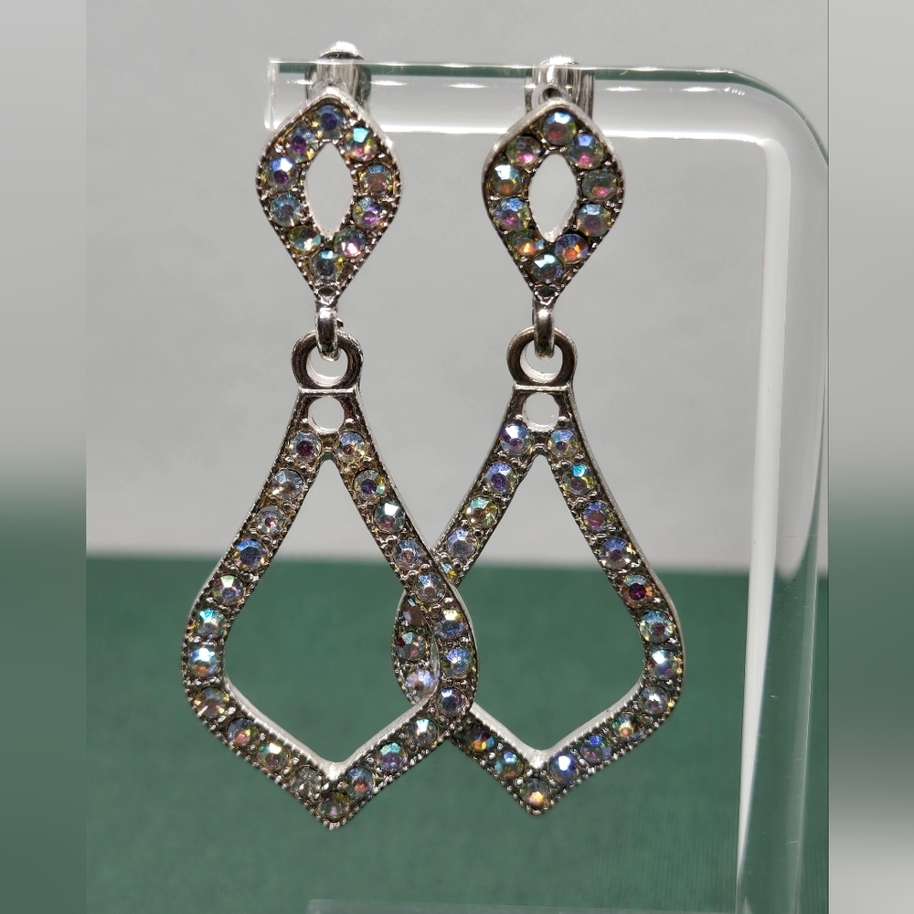 Silver Tone Multicolor AB Rhinestones Drop Earrings - Picture 9 of 16